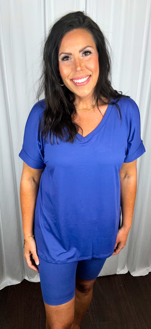 Brushed Microfiber V-Neck Top & Biker Shorts