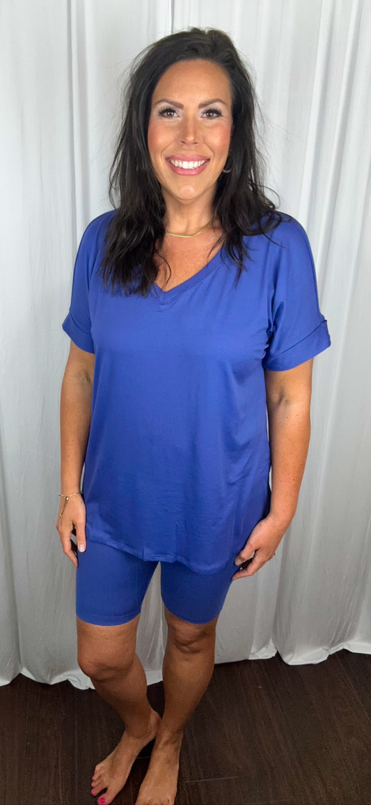 Brushed Microfiber V-Neck Top & Biker Shorts