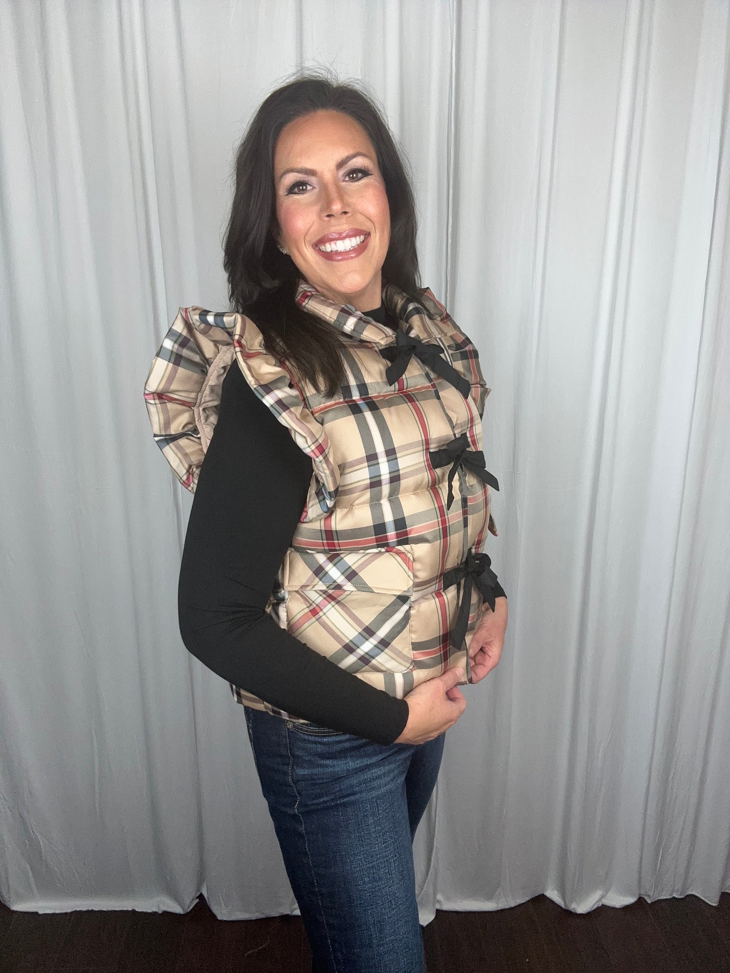 Plaid Puffer Vest with Bow Ties