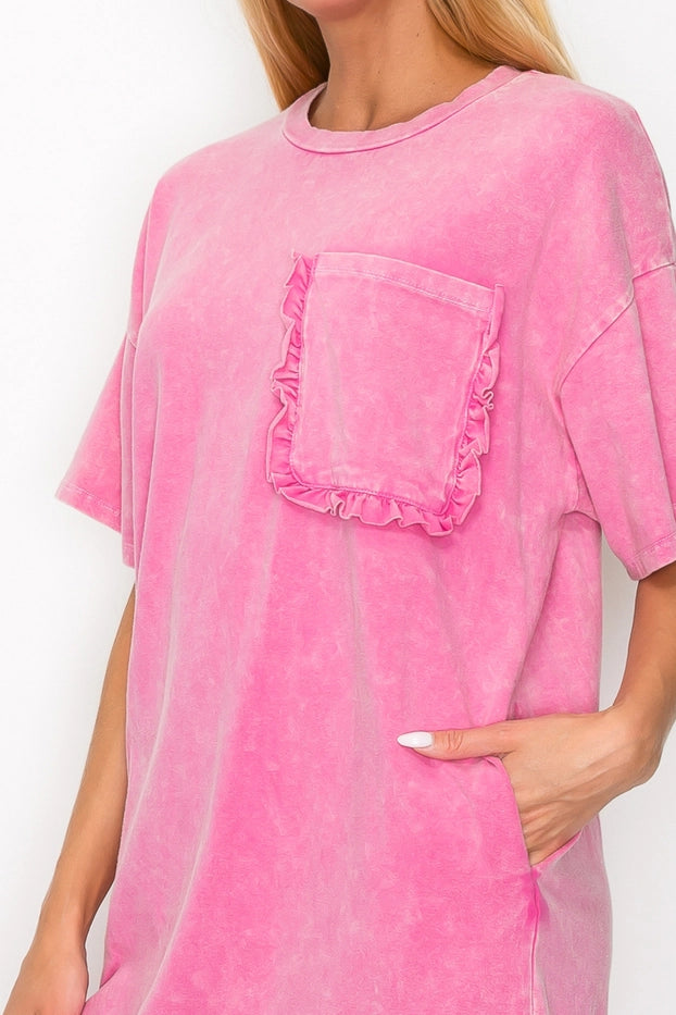 Fuchsia Mineral Washed RufflePocket Dress