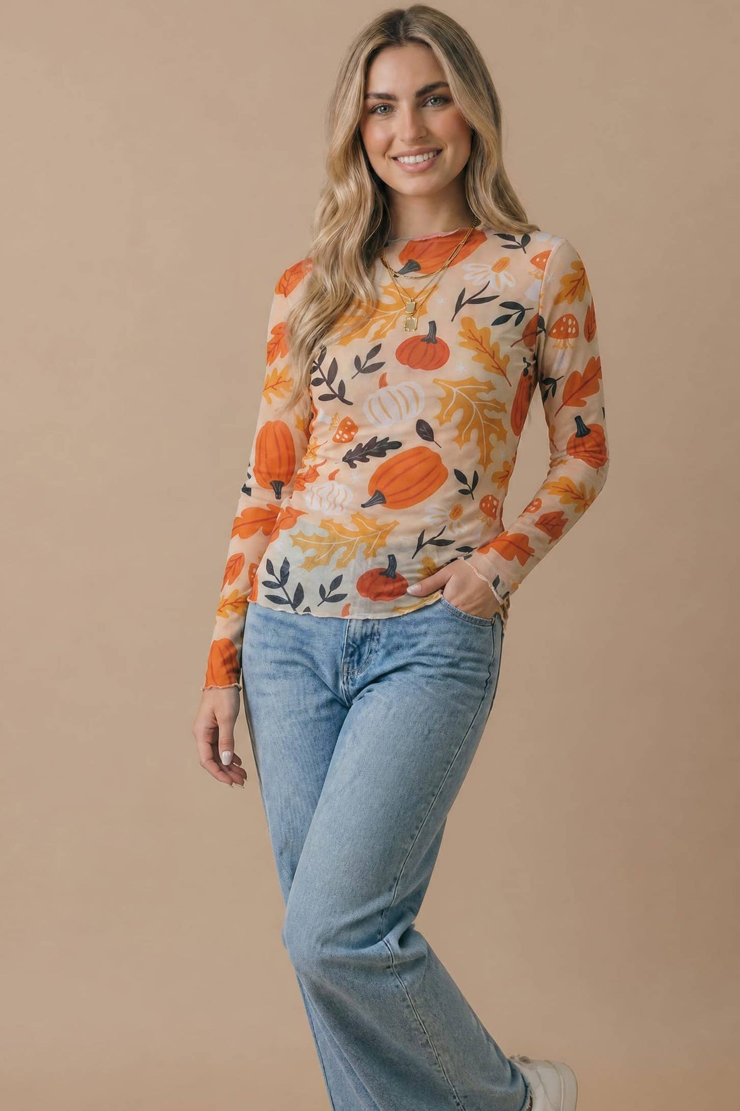 Pumpkin Mesh Semi Sheer Top