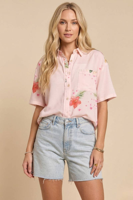 Tropical Floral Button Down Short Sleeve Top
