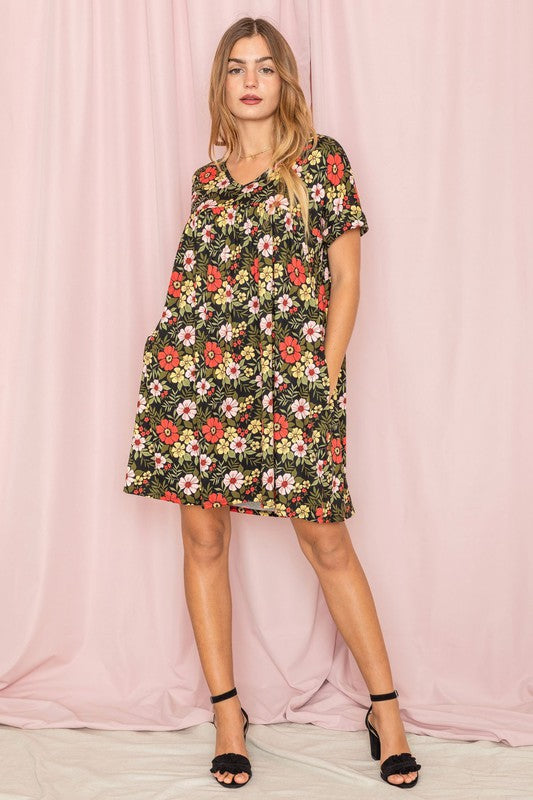 Plus V-Neck Floral Baby Doll Dress