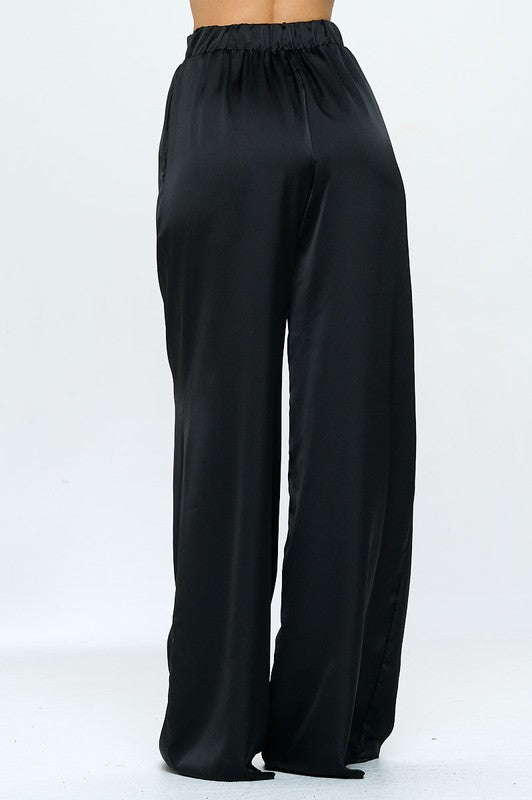 Plus Stretch Satin Pants Elastic Waist and Pockets