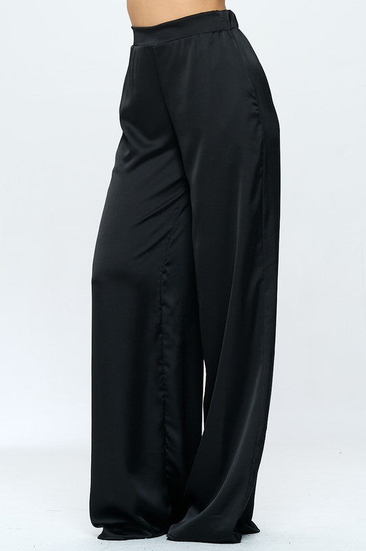 Plus Stretch Satin Pants Elastic Waist and Pockets