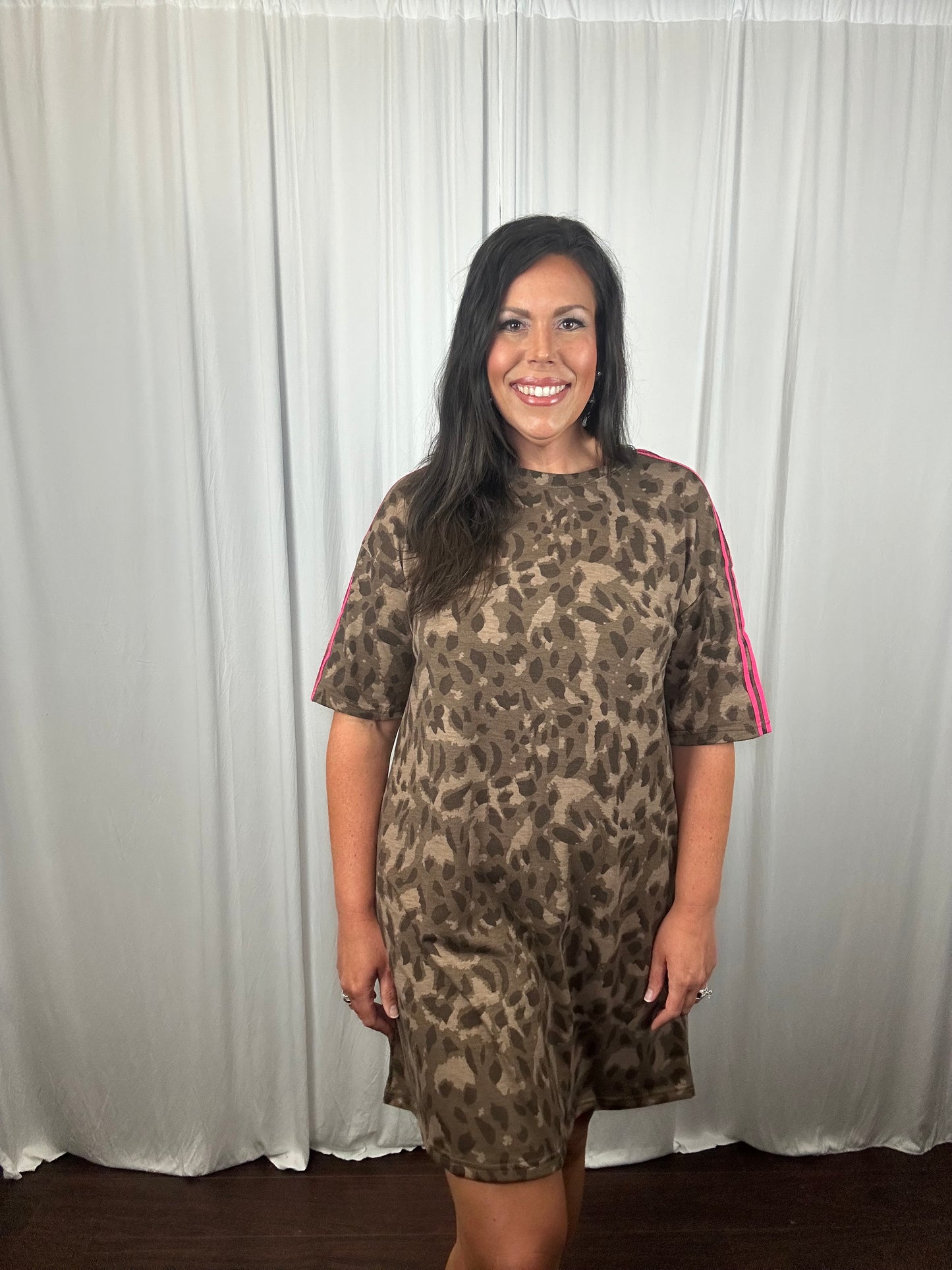 Leopard Jersey Dress With Hot Pink Contrasting Stripes