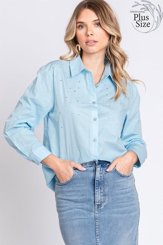 Plus Rhinestone Button Up Shirt