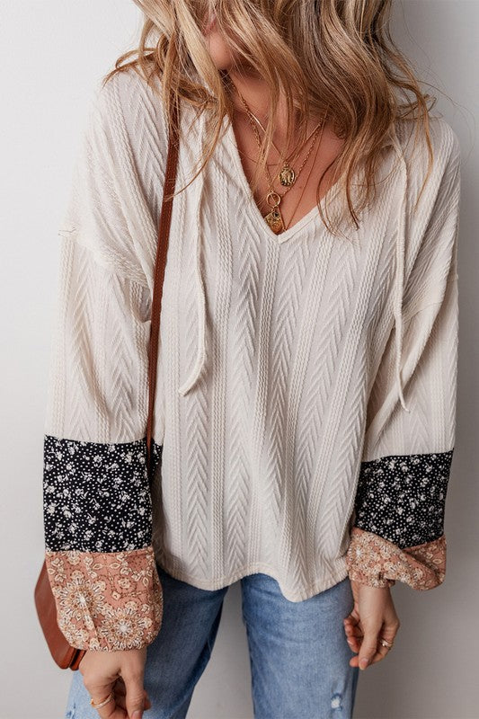 Patchwork Textured Knit Drawstring V Neck Blouse