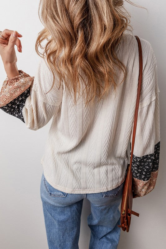 Patchwork Textured Knit Drawstring V Neck Blouse