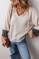 Patchwork Textured Knit Drawstring V Neck Blouse