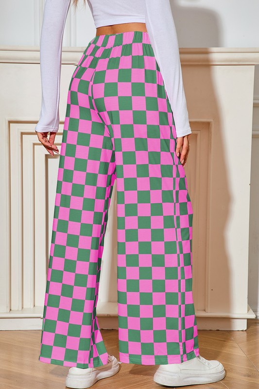 Checked Print High Waist Wide Leg Pants