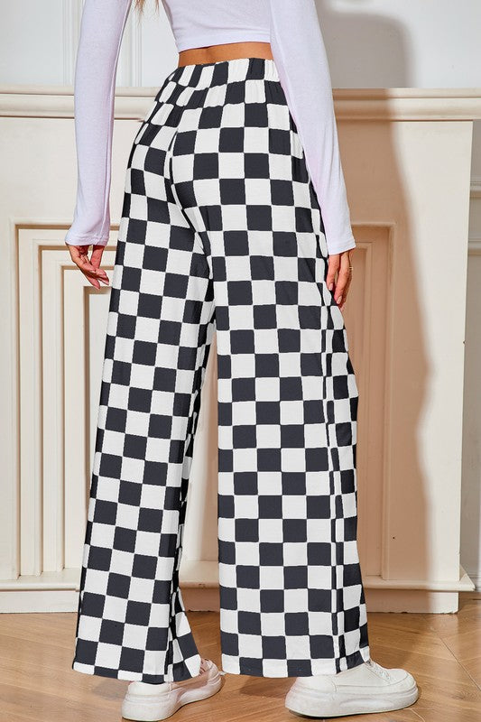 Checked Print High Waist Wide Leg Pants