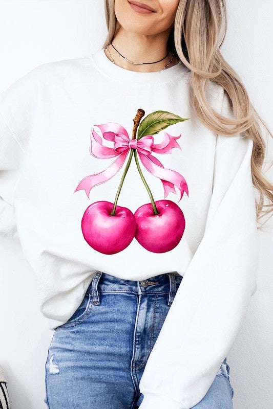 Cherry with Coquette Bow Graphic Fleece Sweatshirt