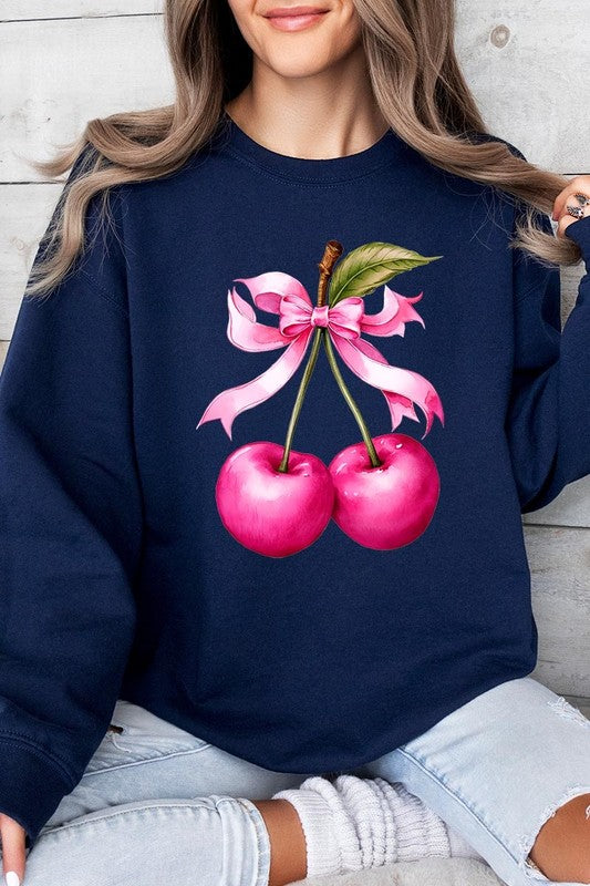 Cherry with Coquette Bow Graphic Fleece Sweatshirt