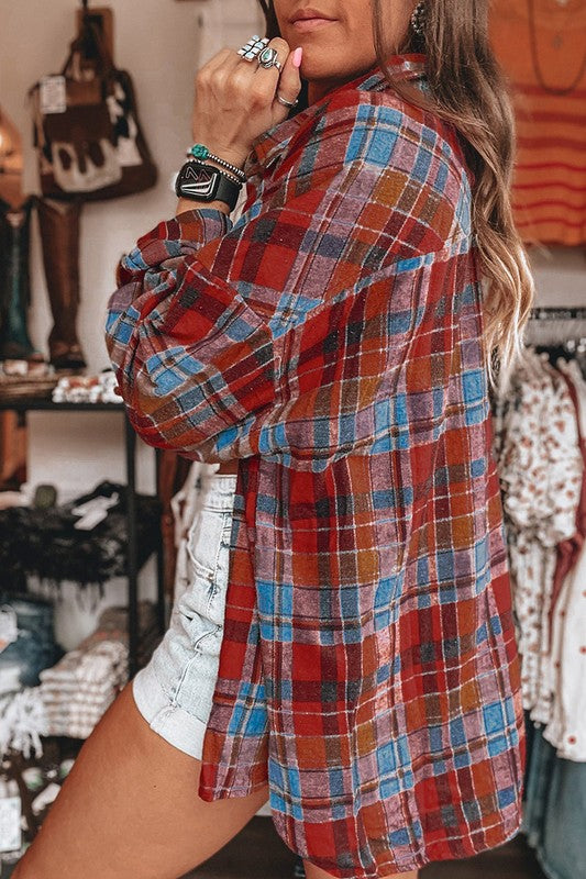 Orange Plaid Print Loose Vintage Shirt