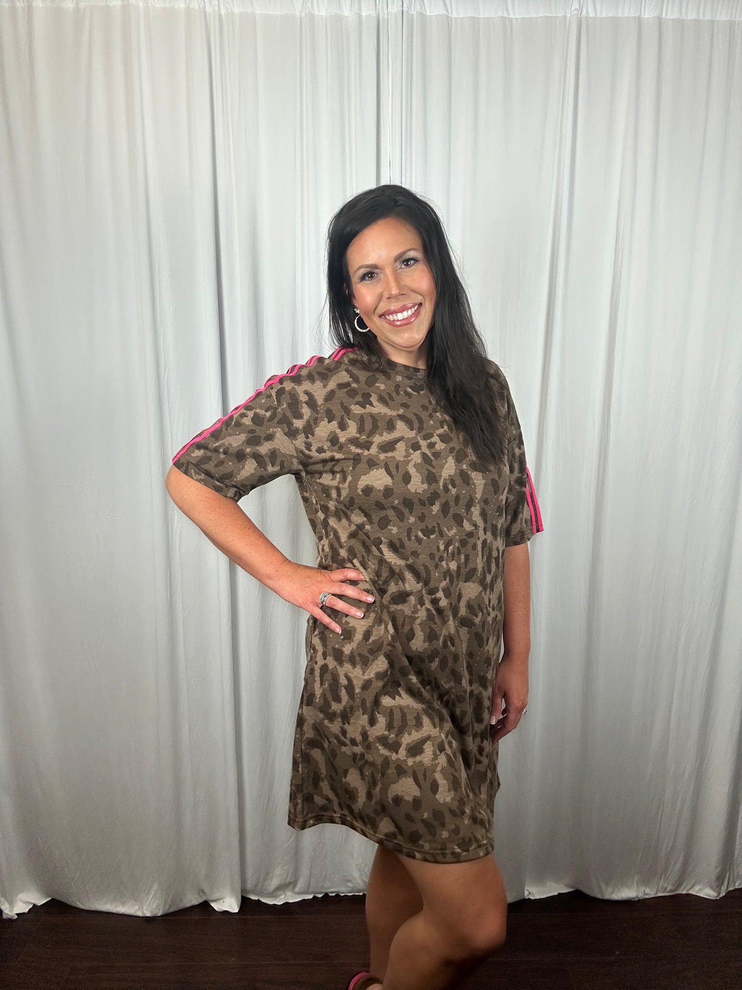 Leopard Jersey Dress With Hot Pink Contrasting Stripes