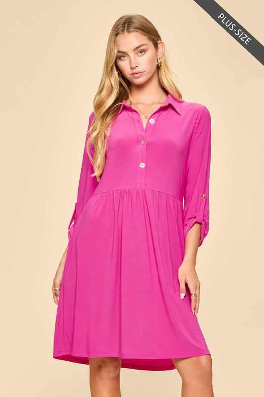 PLUS SIZE Collared Shirt Dress w/ Pockets