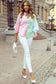 Women Stripe Color Block Balloon Sleeve Blouse