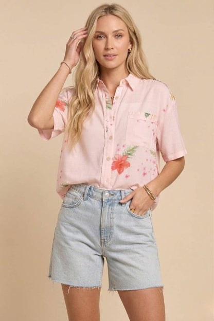 Tropical Floral Button Down Short Sleeve Top