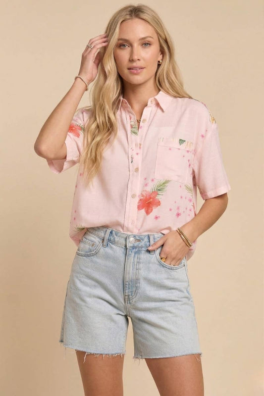 Tropical Floral Button Down Short Sleeve Top