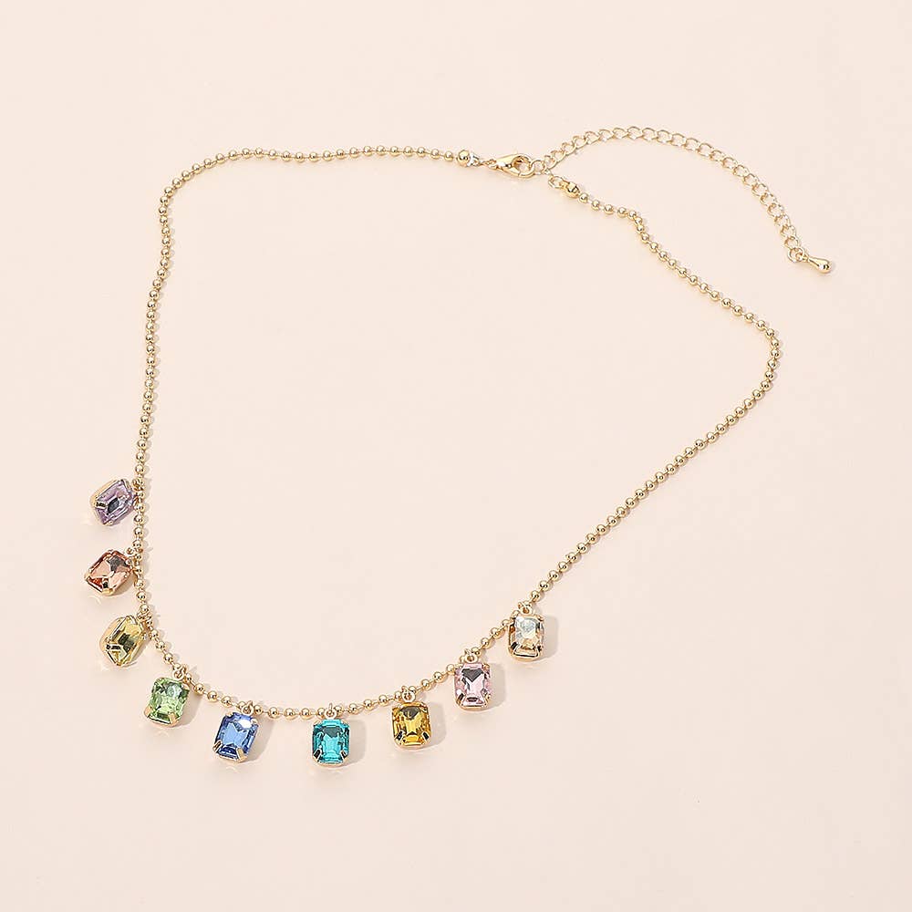 Rectangle Stone Cluster Station Beaded Chain Necklace