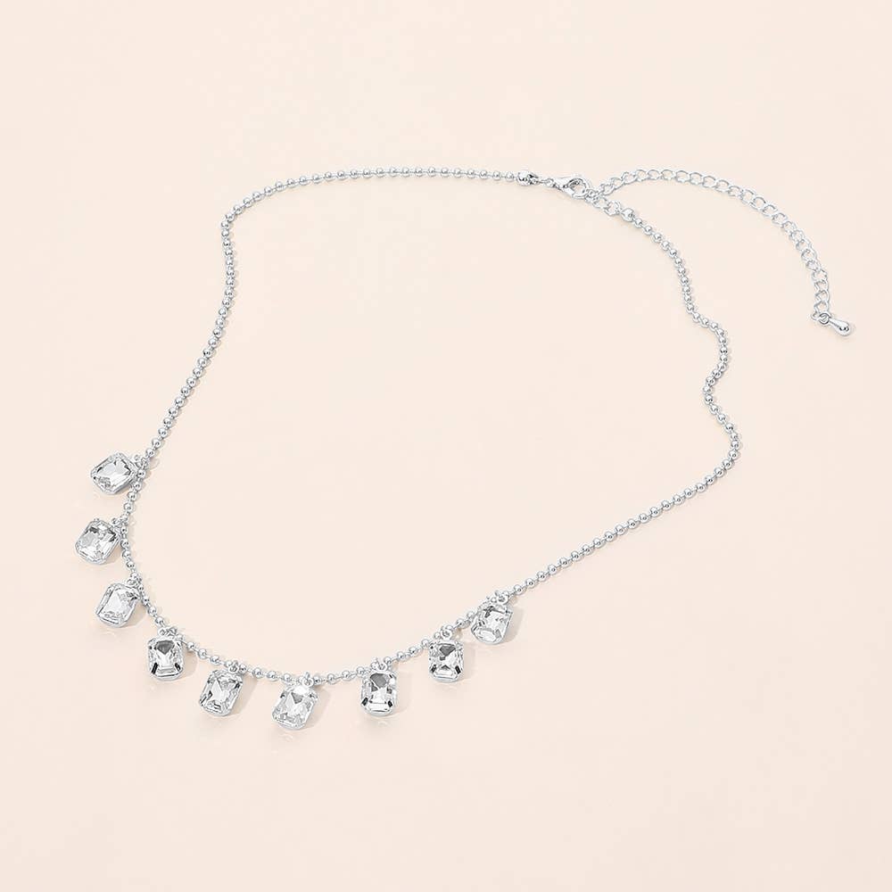 Rectangle Stone Cluster Station Beaded Chain Necklace