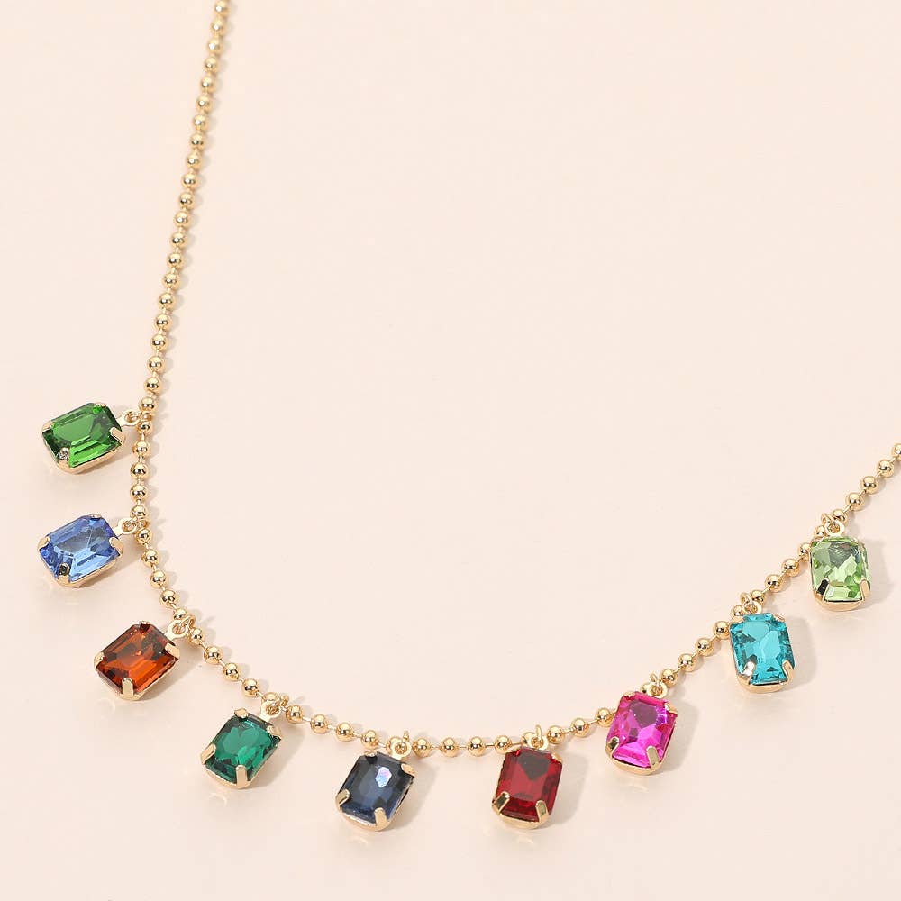 Rectangle Stone Cluster Station Beaded Chain Necklace