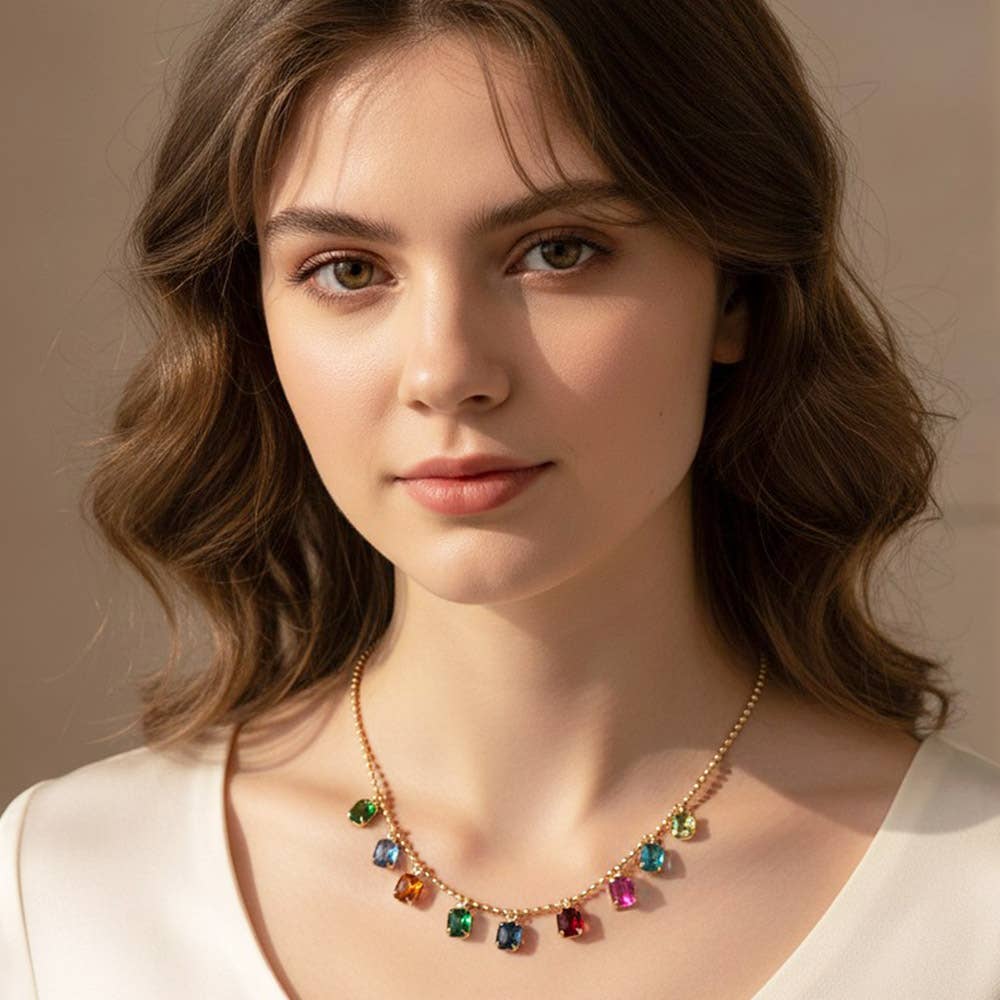 Rectangle Stone Cluster Station Beaded Chain Necklace