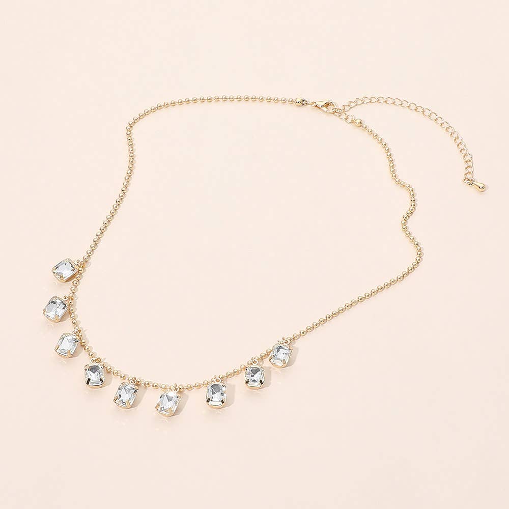 Rectangle Stone Cluster Station Beaded Chain Necklace