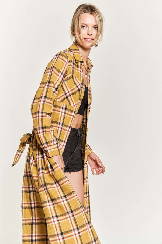 PLAID PRINT COLLAR LONG SHIRT DRESS PLUS