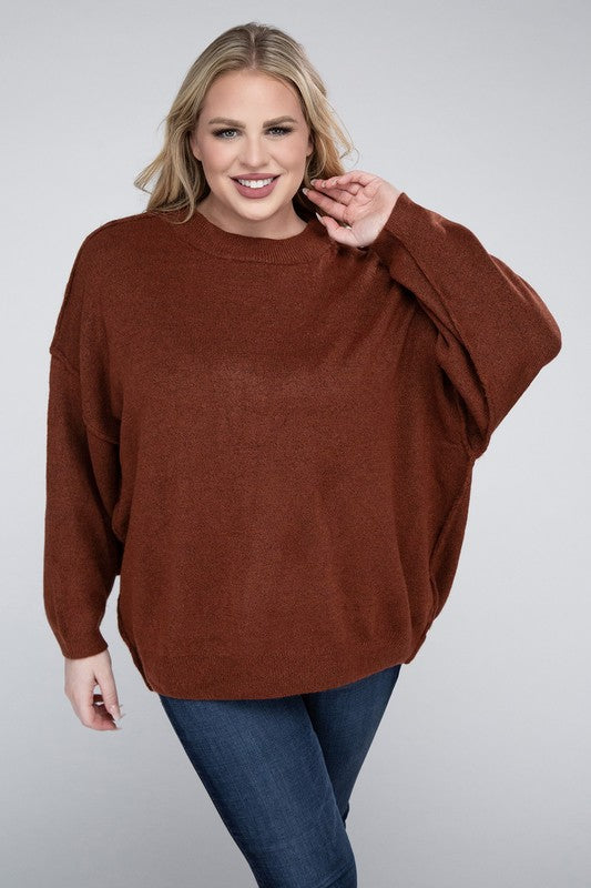 Plus Oversized Round Neck Raw Seam Melange Sweater