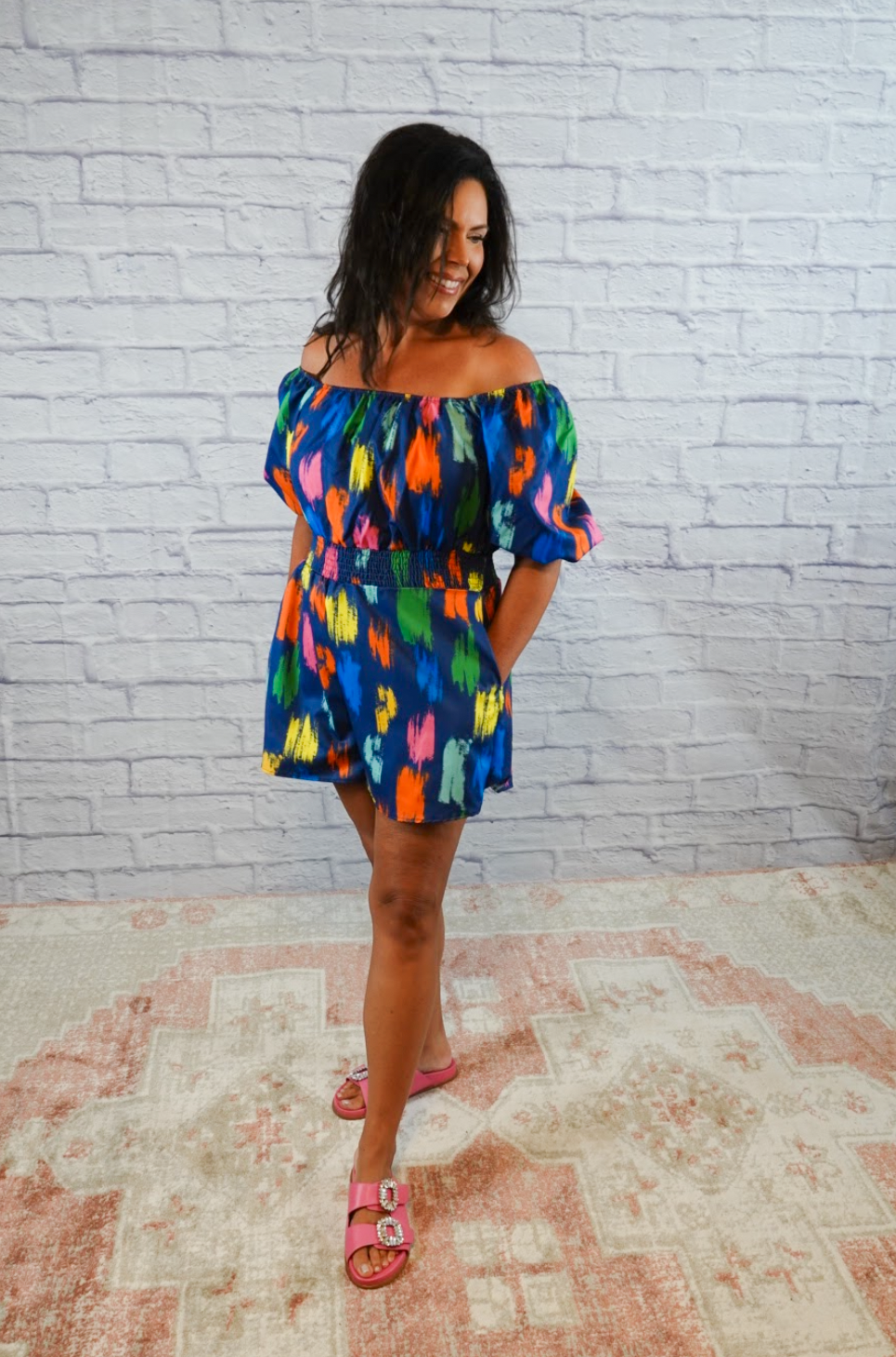 Blue Brushstroke Off-Shoulder Romper