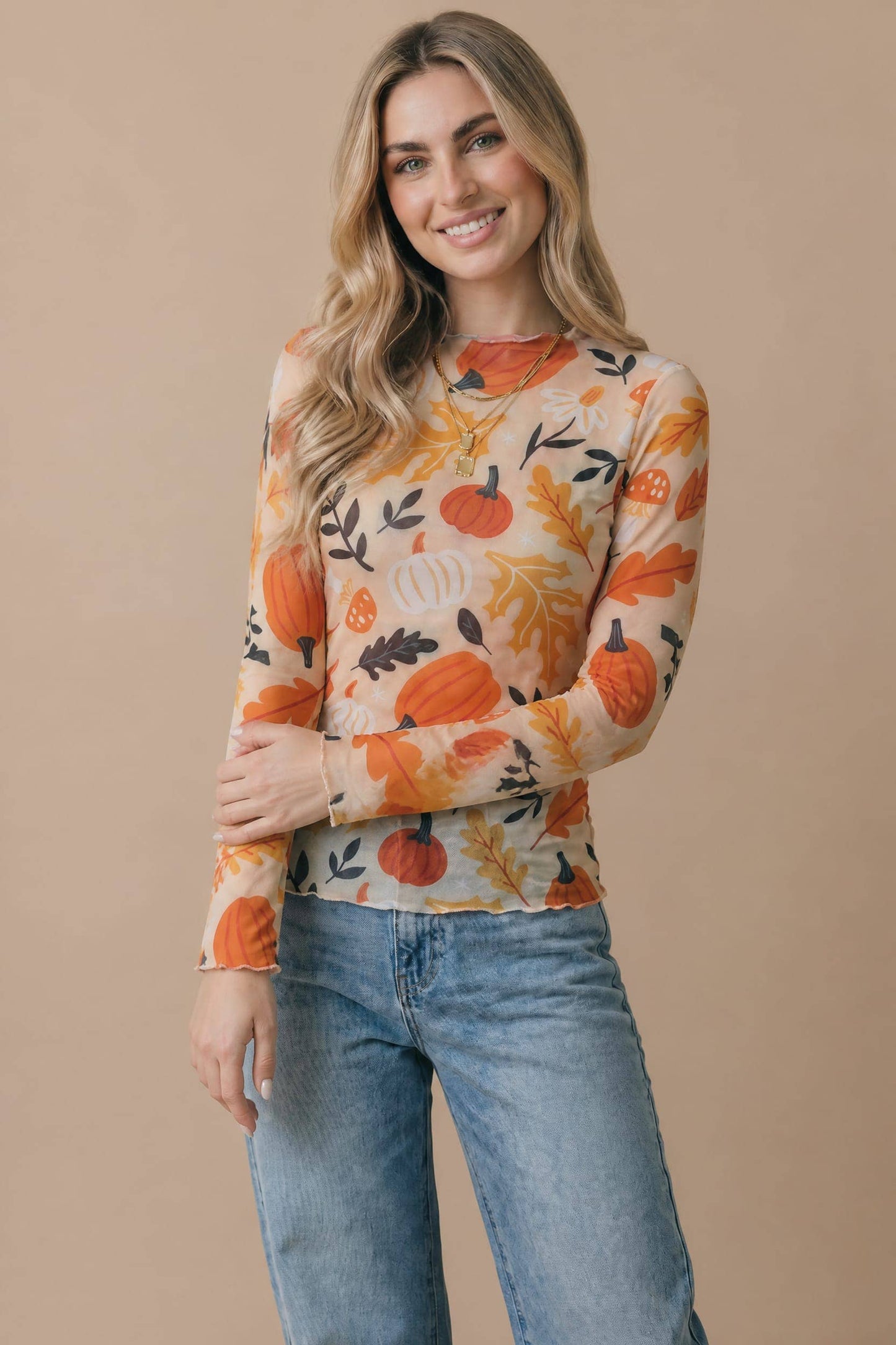 Pumpkin Mesh Semi Sheer Top