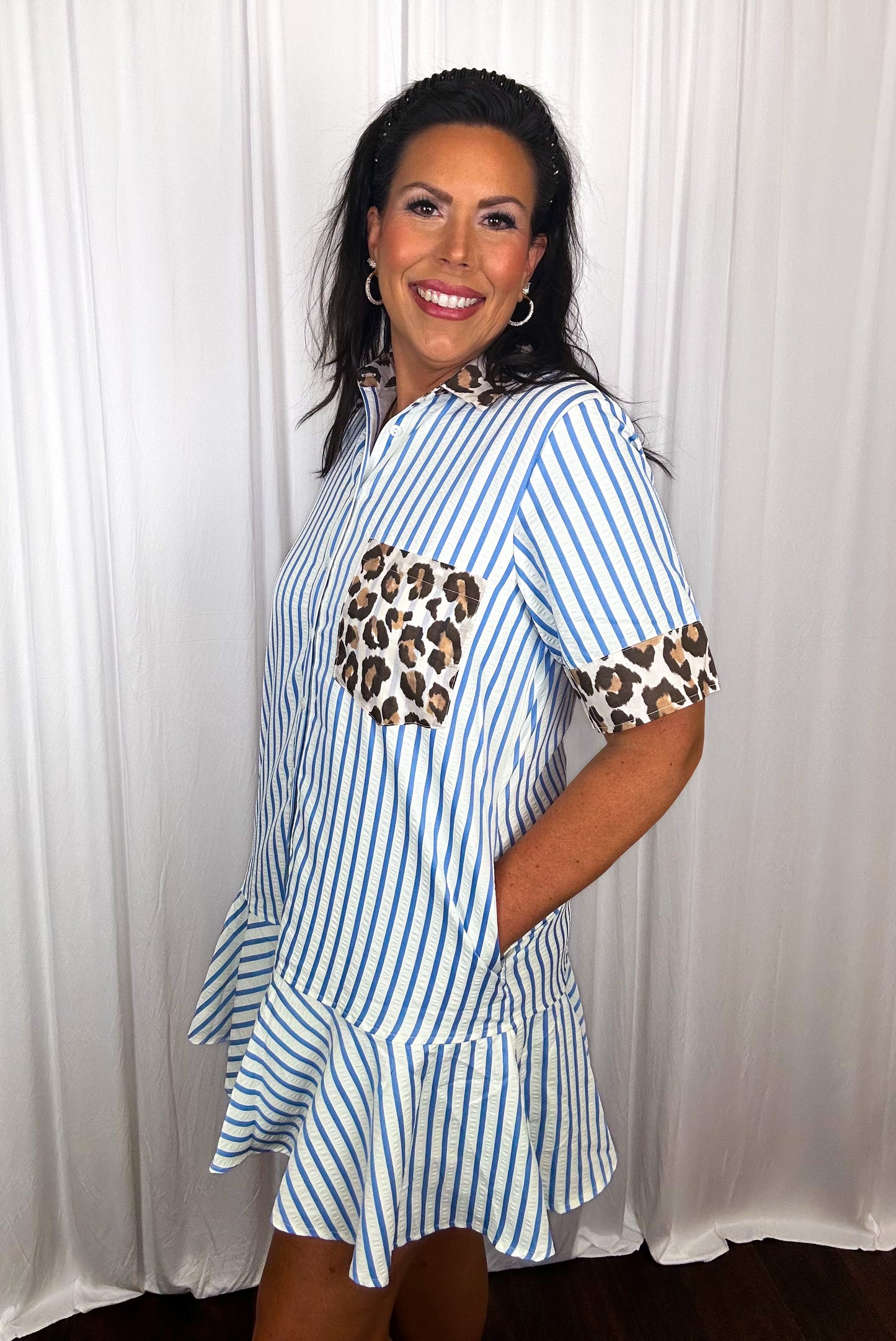 LEOPARD TRIM STRIPED DRESS