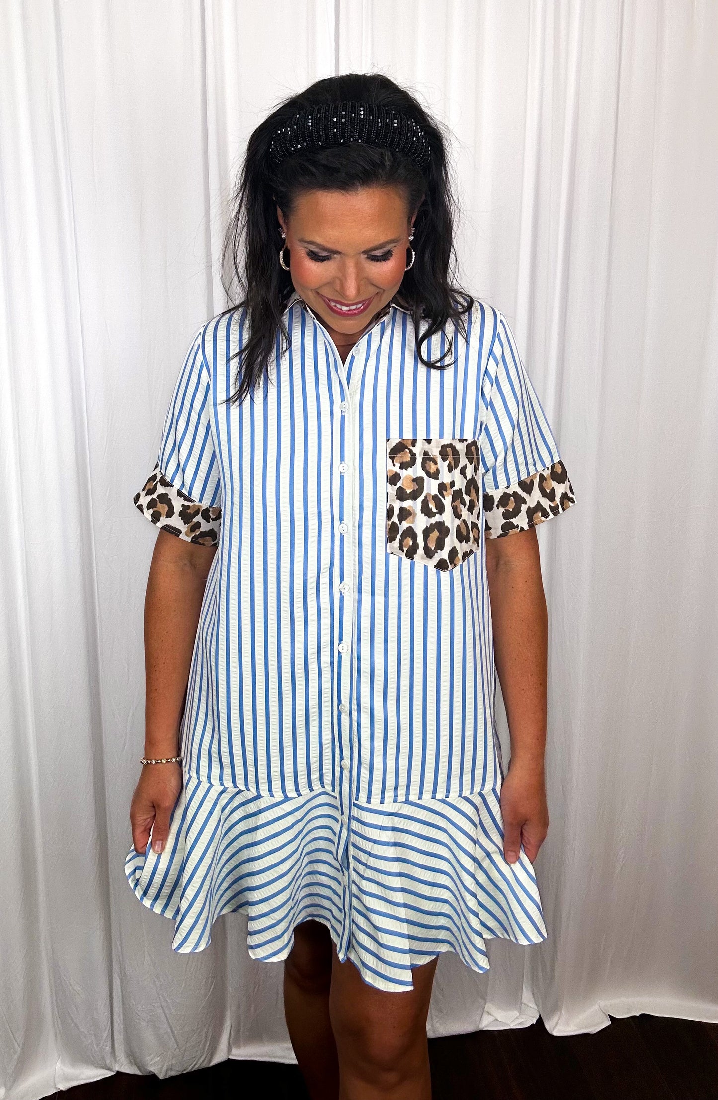 LEOPARD TRIM STRIPED DRESS