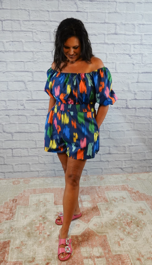 Blue Brushstroke Off-Shoulder Romper