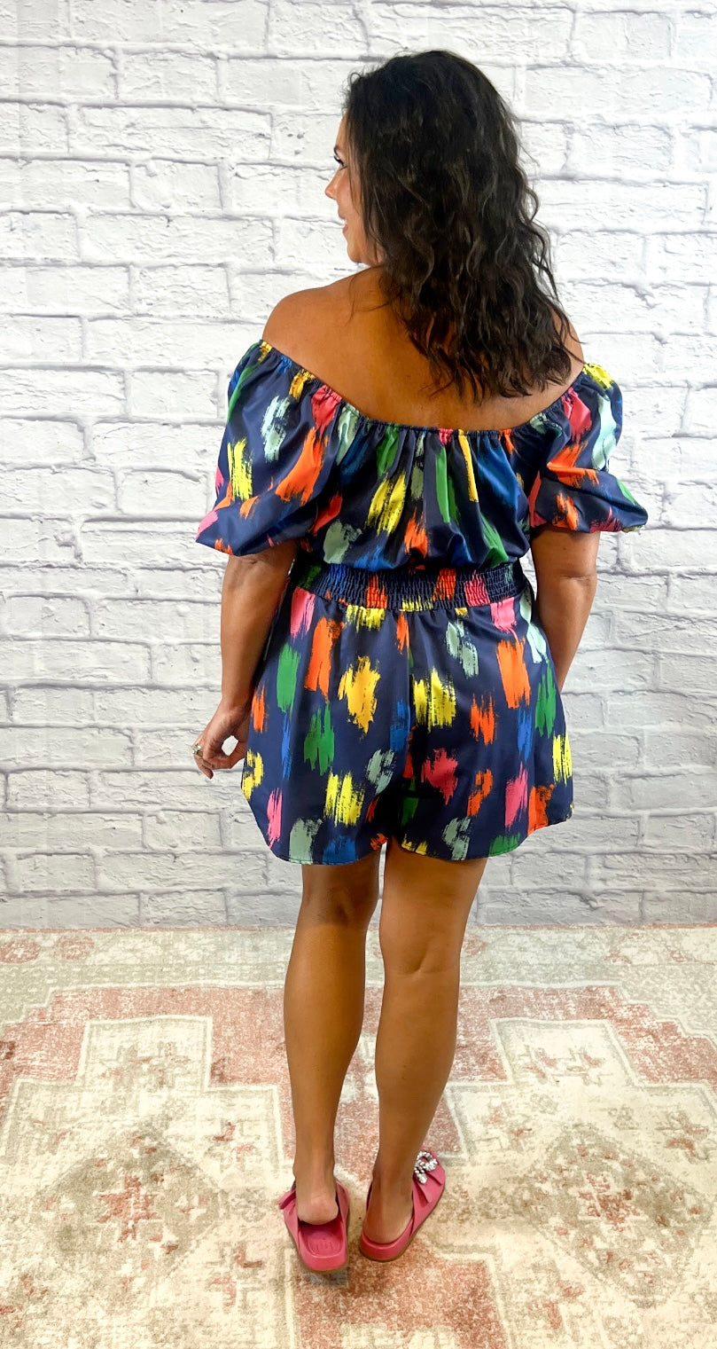 Blue Brushstroke Off-Shoulder Romper