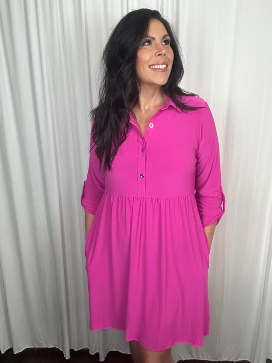 Collared Shirt Dress w/ Pockets