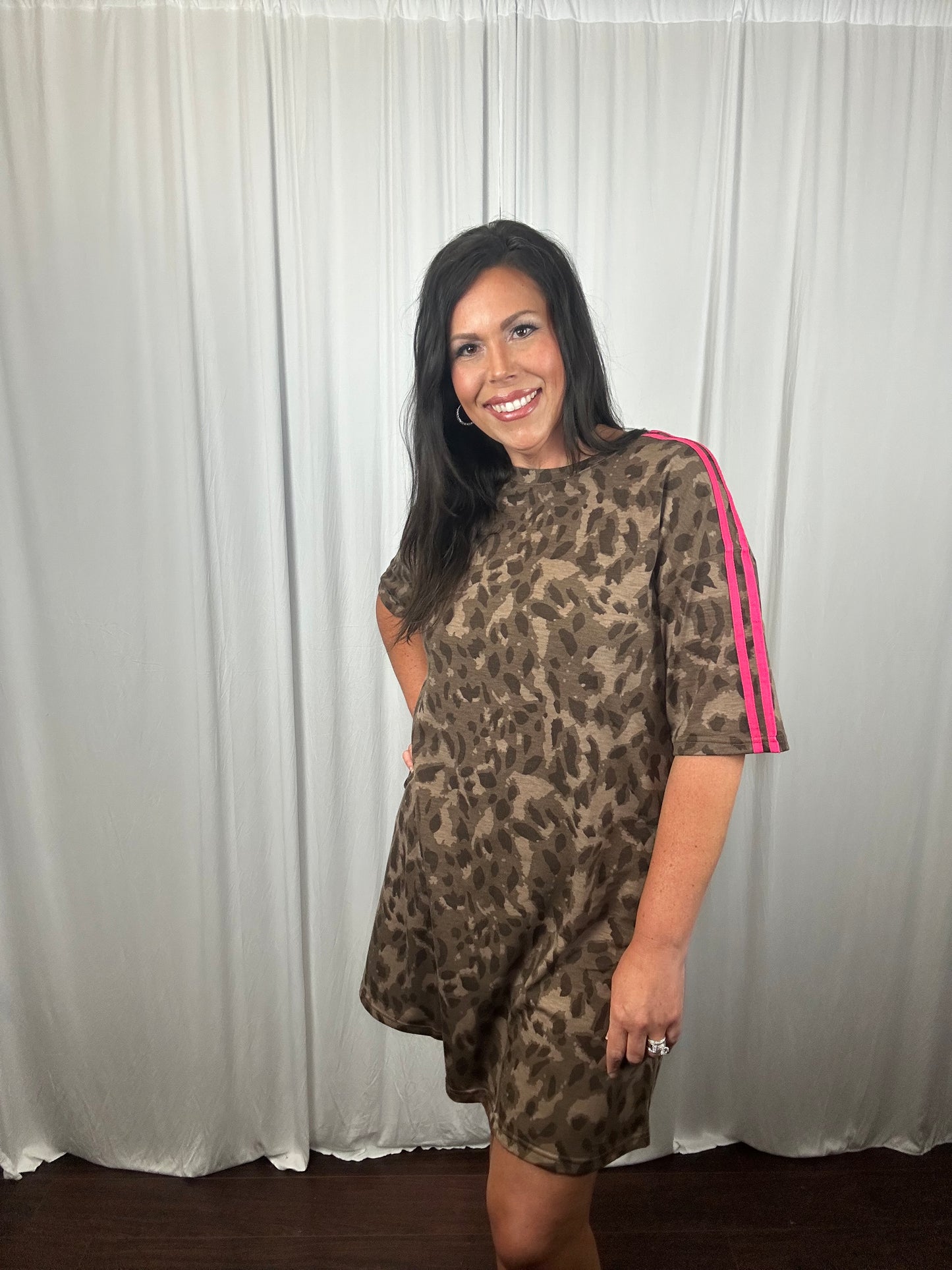 Leopard Jersey Dress With Hot Pink Contrasting Stripes