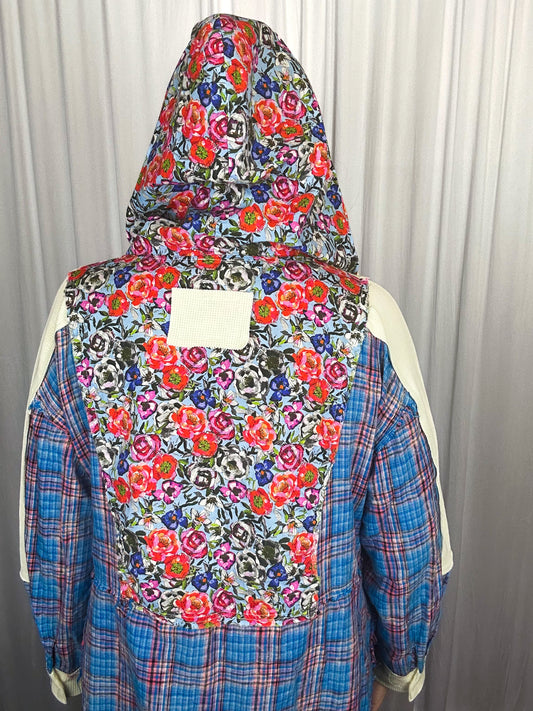 Oversize Long Sleeve Plaid and Floral Print Hooded Top
