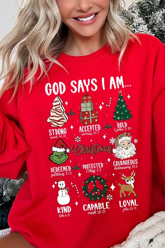God Says I Am Christmas Graphic Fleece Sweatshirts