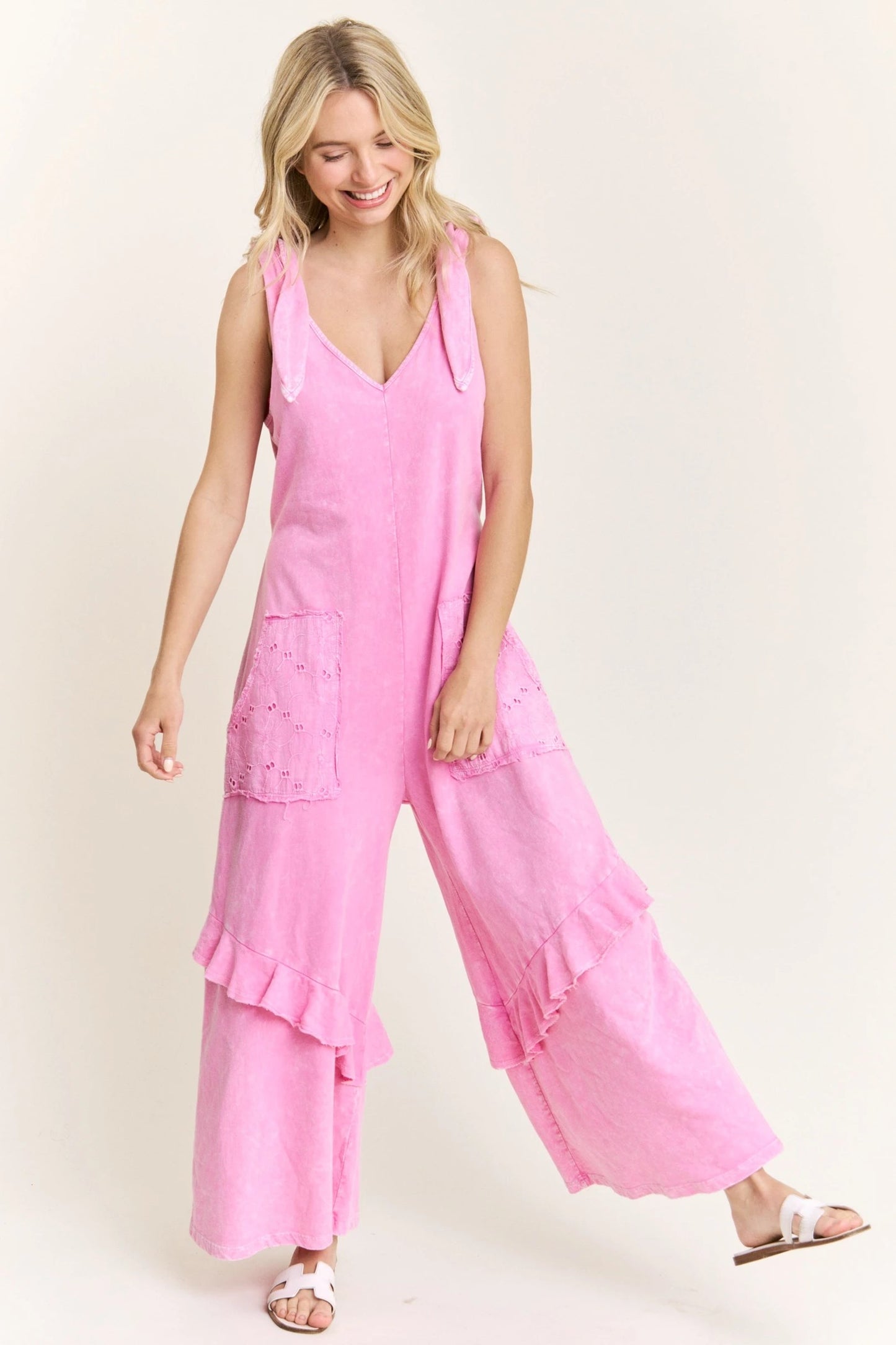 Bubble Gum MineralWash Jumpsuit with EyeletPockets and Ruffle