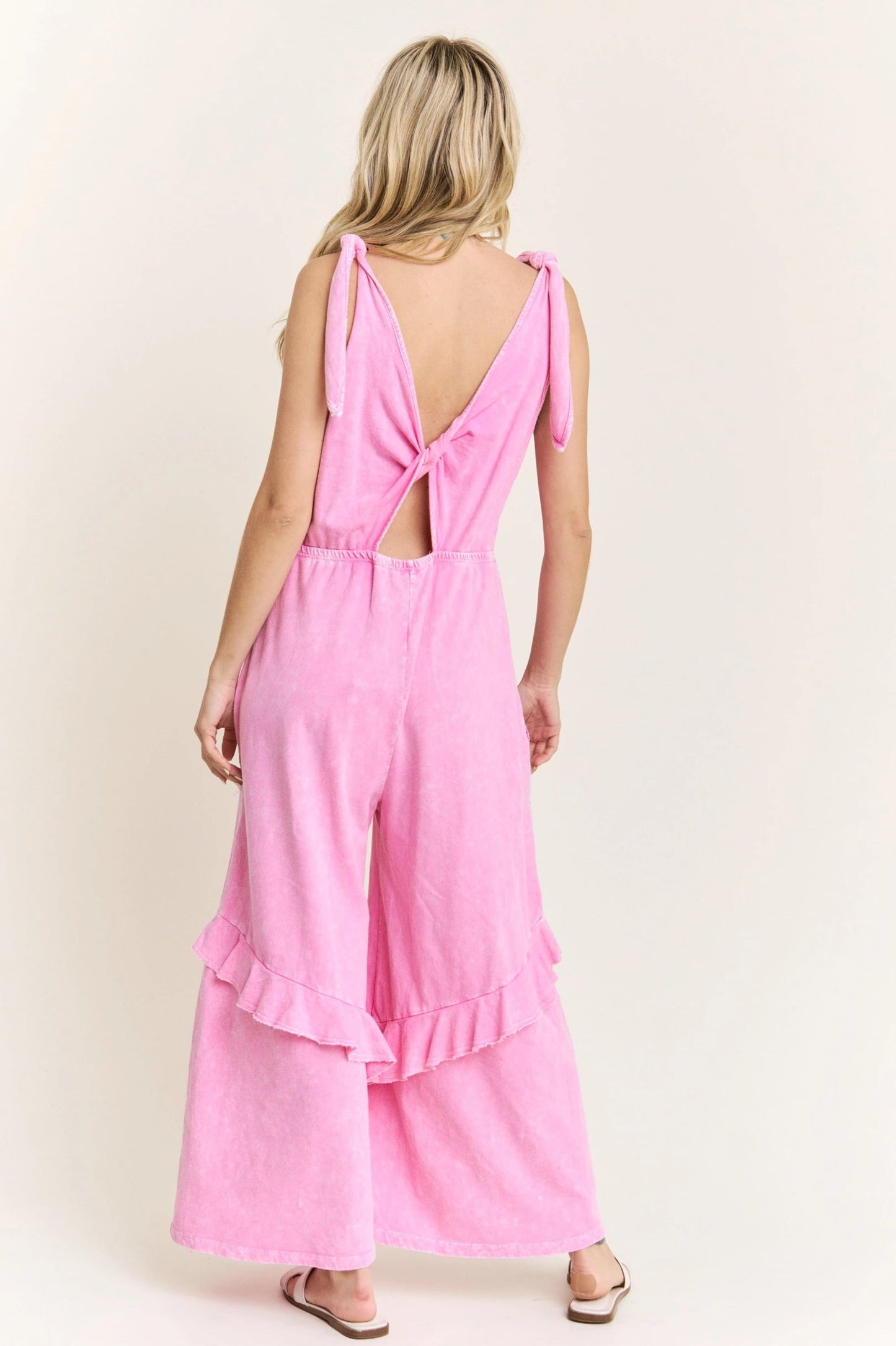 Bubble Gum MineralWash Jumpsuit with EyeletPockets and Ruffle