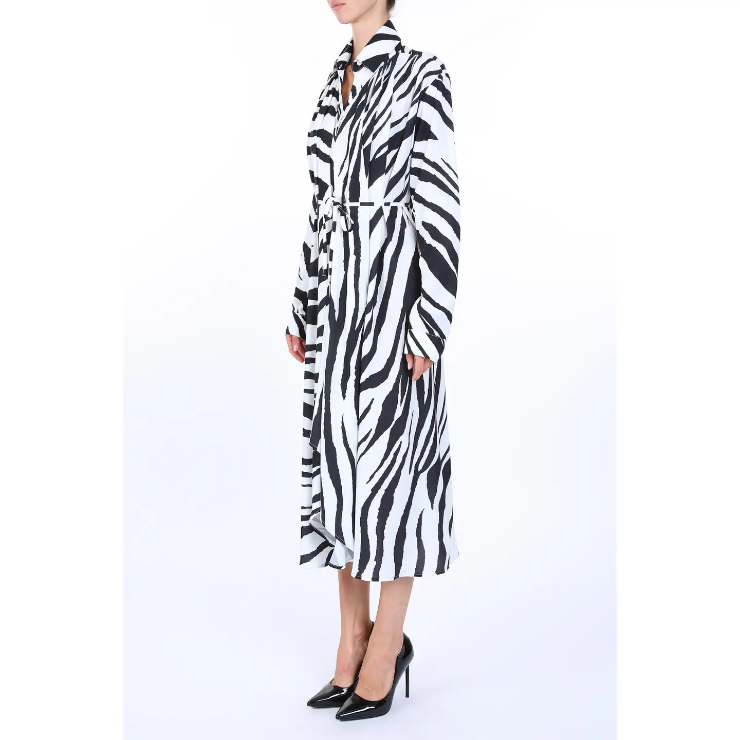 Zebra Print Belted Satin Midi Dress