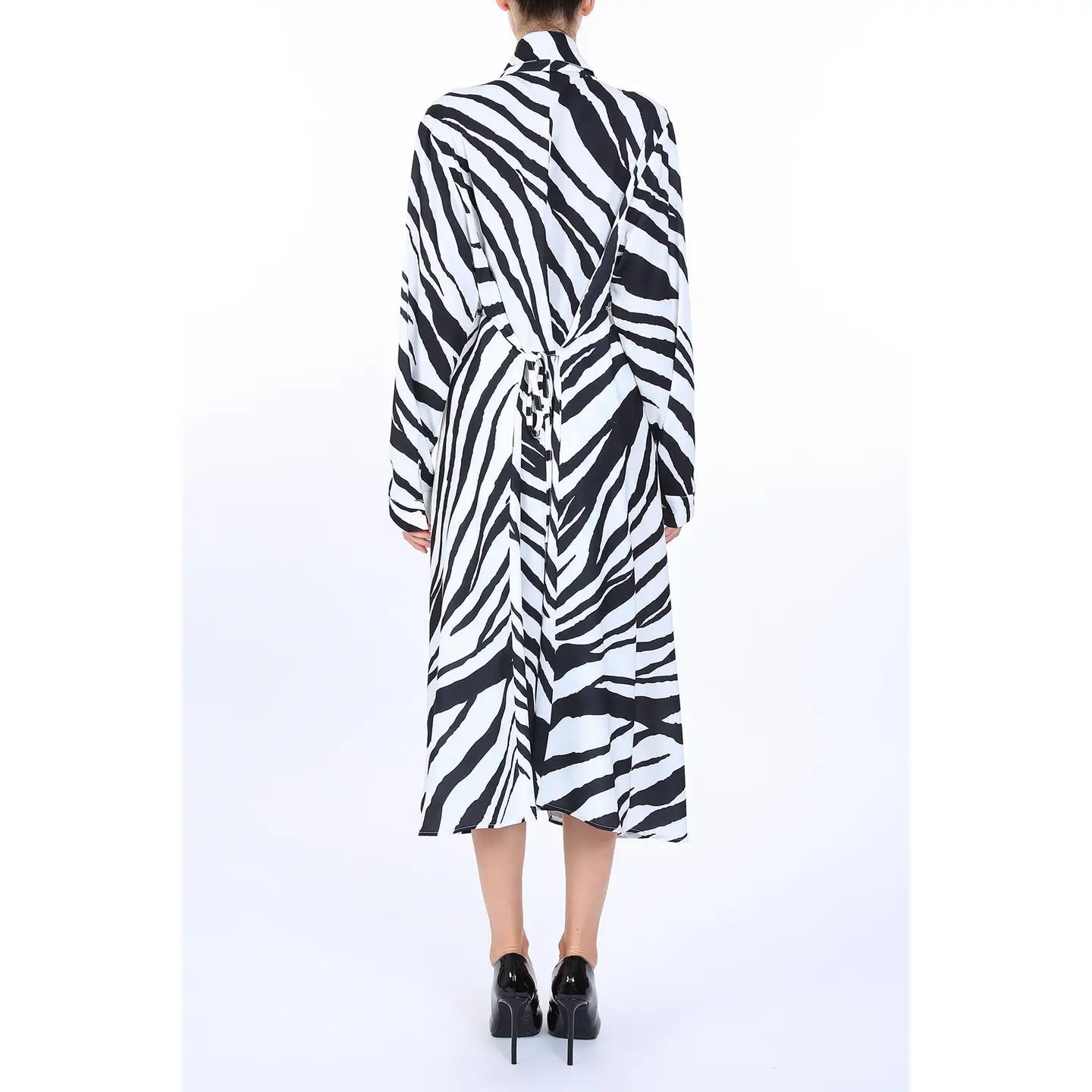 Zebra Print Belted Satin Midi Dress