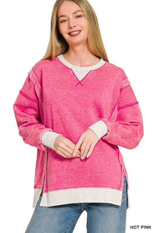 ZENANA FLEECE ACID WASHED CONTRAST TRIM PULLOVER