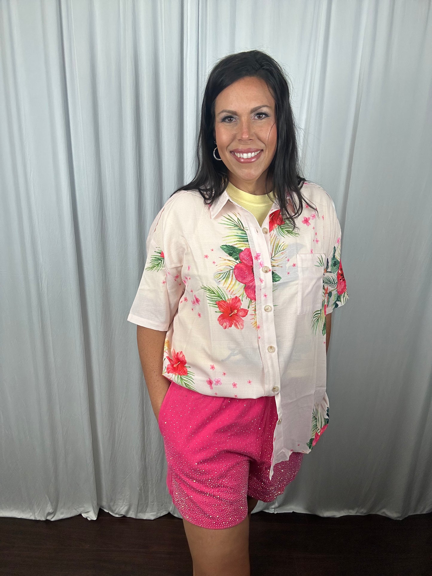 Tropical Floral Button Down Short Sleeve Top