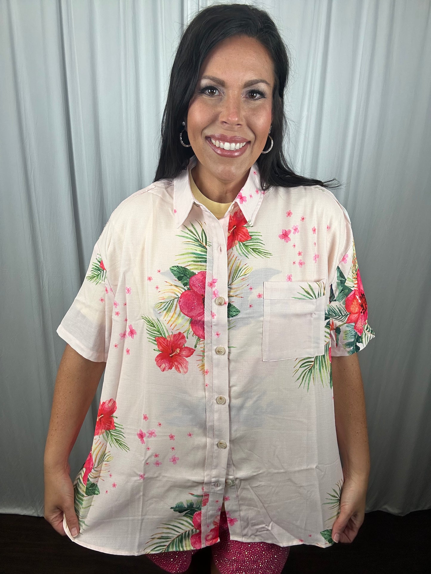 Tropical Floral Button Down Short Sleeve Top