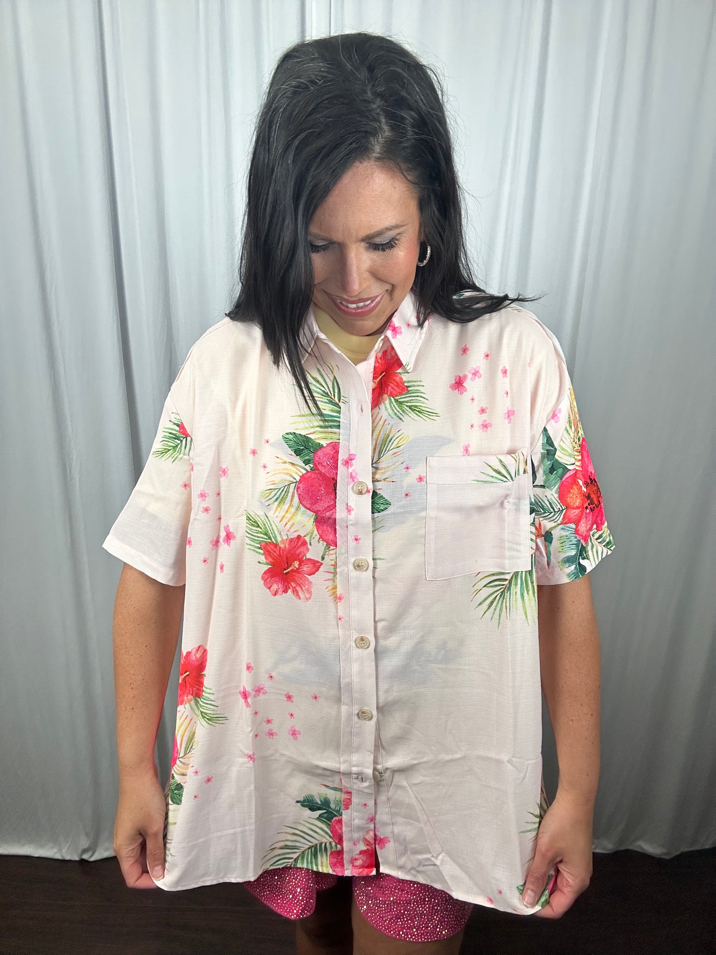 Tropical Floral Button Down Short Sleeve Top