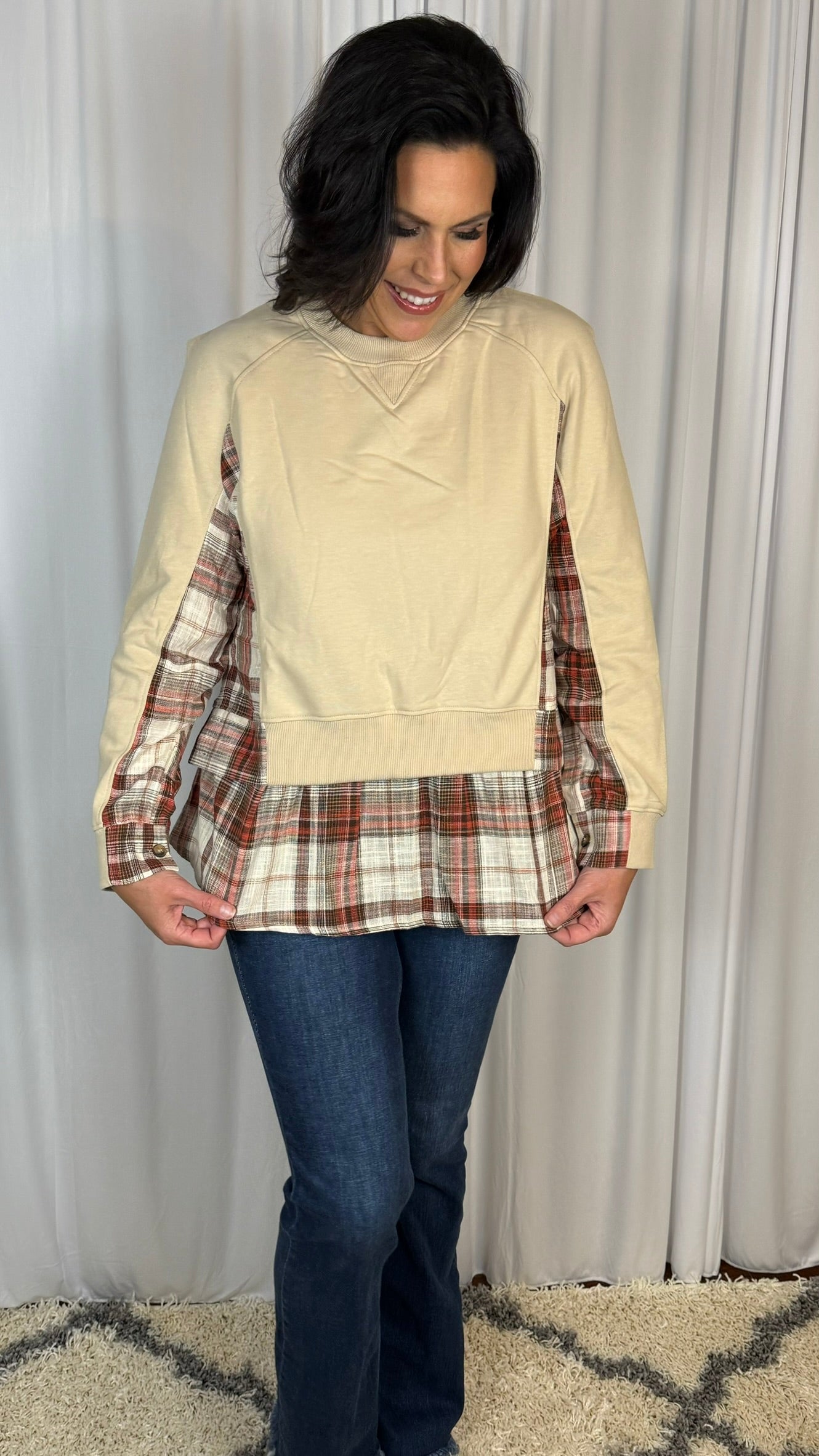 Double Layered Plaid Contrast Sweatshirt